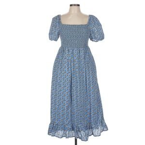 (19) 100% cotton printed calico summer blue puff sleeve smock midi dress